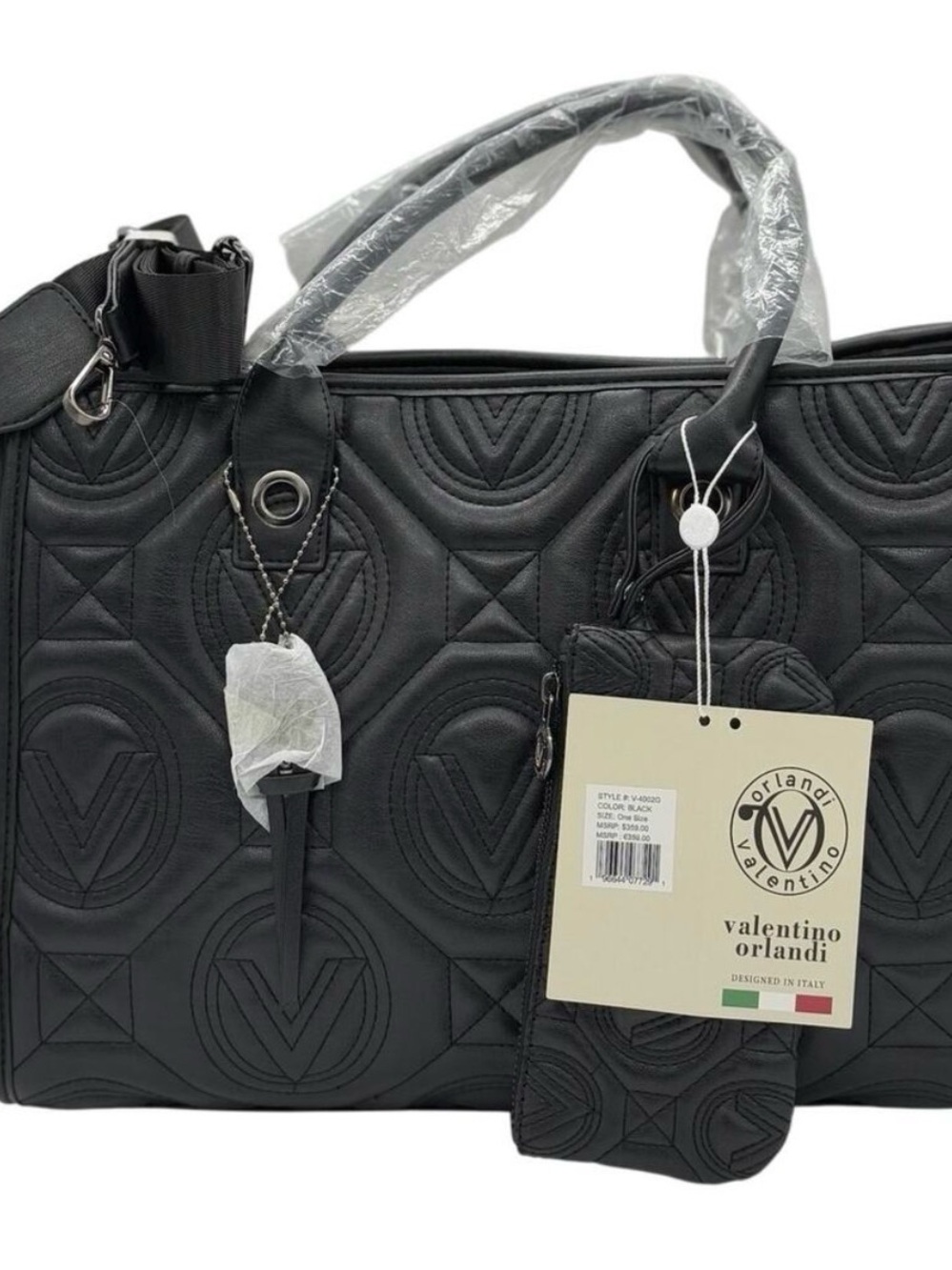 NWT Valentino Orlandi Black Quilted Tote with Signature Embossing